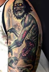 Forferdelig farge zombie tatoveringsbilde på skulderkirkegården