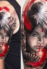 shoulder color Japanese geisha with fan tattoo pattern