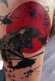 Kutonhorera Godzilla neherikoputa uye zuva boom tattoo maitiro