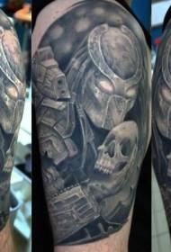 shoulder black gray human mechanical skull tattoo pattern