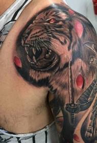 realistic color shoulder tiger with samurai tattoo pattern