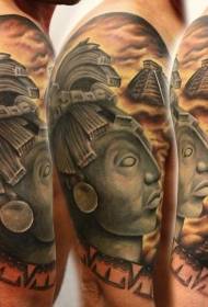 shoulder black gray stone Maya Statue tattoo pattern