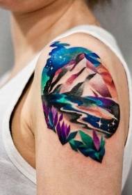 female colored shoulder mountain flower tattoo picture