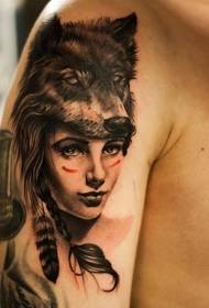 shoulder color portrait woman portrait with wolf tattoo pattern