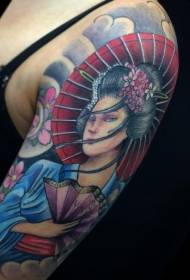 Asiatisk geisha farge storarm tatovering med paraply