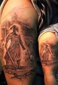 Shoulder brown warrior attacking castle tattoo pattern