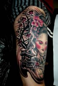 Вялікая рука азіяцкага стылю, рознакаляровая жанчына гейшы і малюнак квітнеючых дрэў
