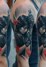 Big arm colored Asian female warrior and sword tattoo pattern