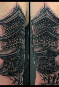 Arm realistic black and white Asian temple and bamboo tattoo pattern