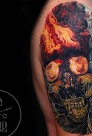 Shoulder color burning human skull tattoo pattern
