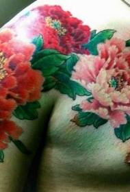 Shoulder colored peony flower tattoo pattern