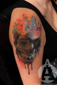 shoulder watercolor style wind Human skull tattoo pattern