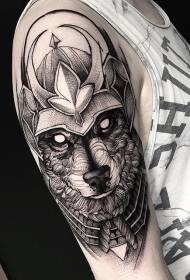 大臂点刺风格亚洲狼和头盔纹身图案