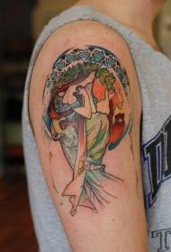 shoulder color contemplative woman tattoo pattern