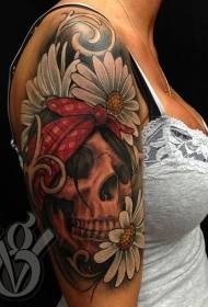 shoulder color human skull and chrysanthemum tattoo picture