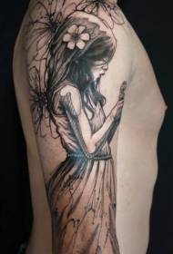 Male arm gray girl with flowers tattoo pattern