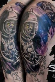 shoulder illustration style half-color astronaut bone tattoo