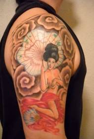 Big arm Asian style colored umbrella and geisha tattoo pattern