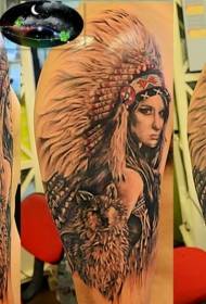 Shoulder color Indian woman with wolf tattoo pattern