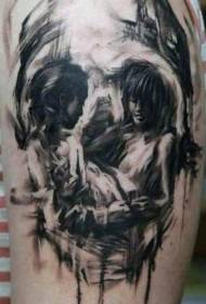 Leg Black and White Skull Couple Portrait Tattoo Pattern
