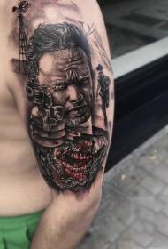 Pečių spalvos džinsinio audinio ir zombių vakarų tematikos tatuiruotės nuotraukos
