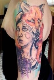 arm illustration style color woman with fox tattoo pattern