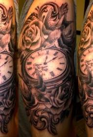 Shoulder Brown Old clock with rose tattoo pattern