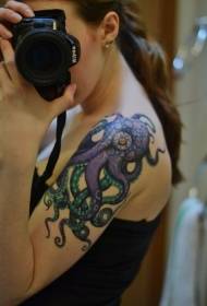 female shoulder color octopus tattoo pattern