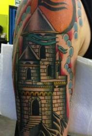 Shoulder colorful castle banner tattoo pattern