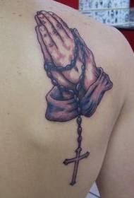 Shoulder Brown Prayer Hands with Cross Tattoo
