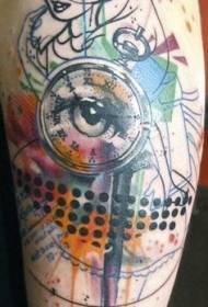 Tajemný oko hodiny tetování vzor s velkýma rukama a barevným inkoustem