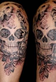 Mexican traditional colored shoulder human skull tattoo