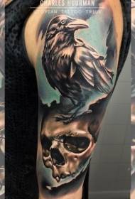 нови стил црне сиве људске лубање узорак тетоважа врана