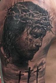 shoulder dramatic religious theme Jesus portrait tattoo