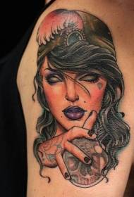váll régi iskola démon nő portré tetoválás