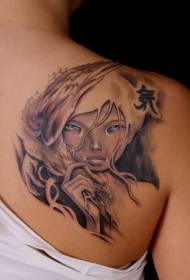 Back asian cartoon mysterious woman with eagle and blue eyes tattoo pattern