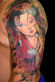 Big arm cute cartoon style asian geisha portrait and flowers tattoo pattern