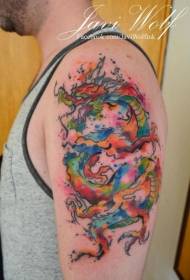 Big arm rainbow colored Asian dragon watercolor style tattoo pattern