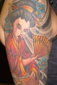 Beso handia marrazki bizidunetako estiloa Asiako geisha lorea eta zaleen tatuaje eredua