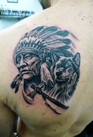 shoulder Indian chief wolf and battle axe Tattoo pattern