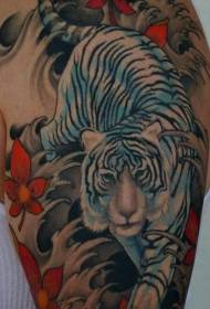 Asian style colorful white tiger with wildflowers big arm tattoo pattern