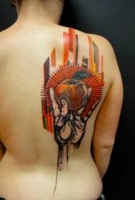 shoulder New school style color hand and apple tattoo