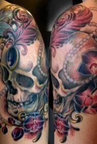 stunning colorful shoulder skull with flower tattoo picture