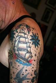 плячо Oldschool лодка і зорка малюнак татуіроўкі