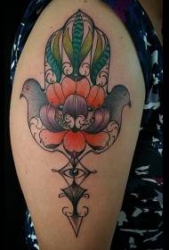 skulder illustration stil farvede blomster med fugl tatovering mønster