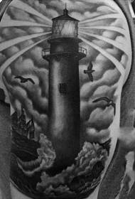 shoulder black gray bird and lighthouse tattoo pattern