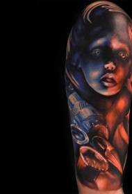 patrón de tatuaxe retrato de estilo de terror de rapaza de cor de ombreiro