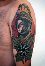 Tae tane huruhuru Buddha whakapakoko me nga puawai tattoo