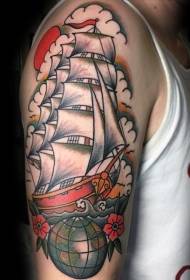 old-style color sailboat with globe tattoo pattern