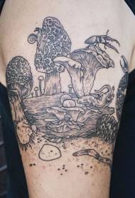 Hand back black line fantasy mushroom world and insect tattoo pattern